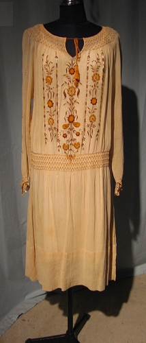 1920s smocked dress in sheer cotton, with embroidered front.
