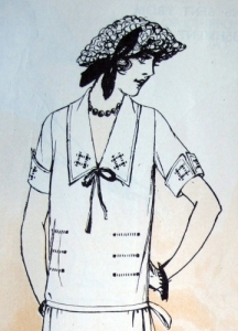 A large summer tam worn with a sheer dress trimmed with pulled threads.  June 1926. Delineator.