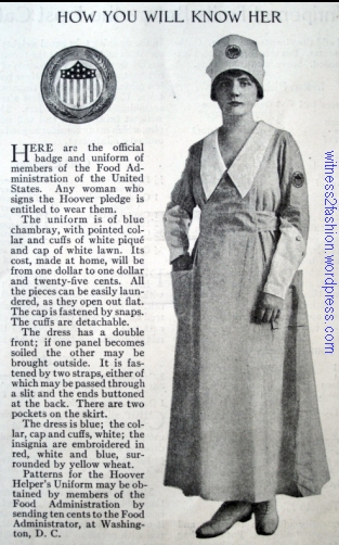 The Official Badge and Uniform of Members of the Food Administration of the United States, WW I. From an official article in Ladies' Home Journal, Sept. 1917.