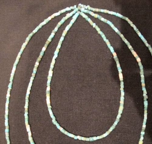 Detail of turquoise necklace, 4500-3600 BC. Collection of Israel Antiquities Authority.