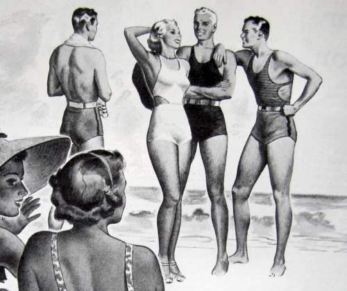 Me's bathing suits in an illustration by Cordrey, Woman's Home Companion, april 1937.