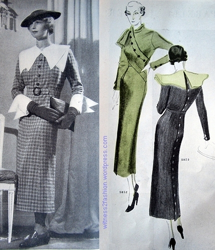 Three Butterick dress patterns from September 1934. From left, Nos. 5854, 5852, and 5874. The Delneator.