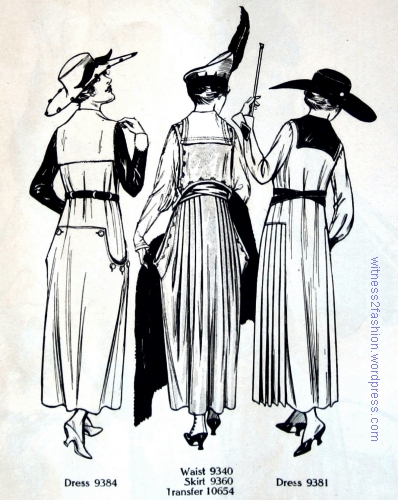 Back (or alternate) views of Dress 9384 , waist 9340 with skirt 9360, and 9381. Butterick patterns for September 1917. Delineator.