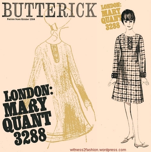 This pattern, No. 3288, by quintessential sixties' designer Mary Quant, was featured in the Butterick Fashion News flyer for October 1964.