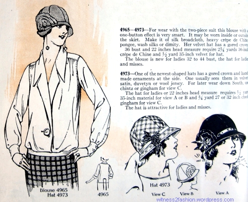 Butterick blouse pattern 4965 and Butterick hat pattern 4973, Delineator, January 1924.