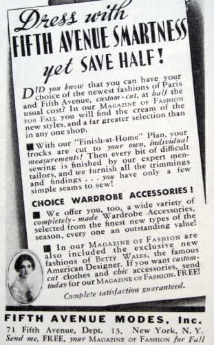 Fifth Avenue Modes ad, text, Woman's Home Companion, Sept. 1937.