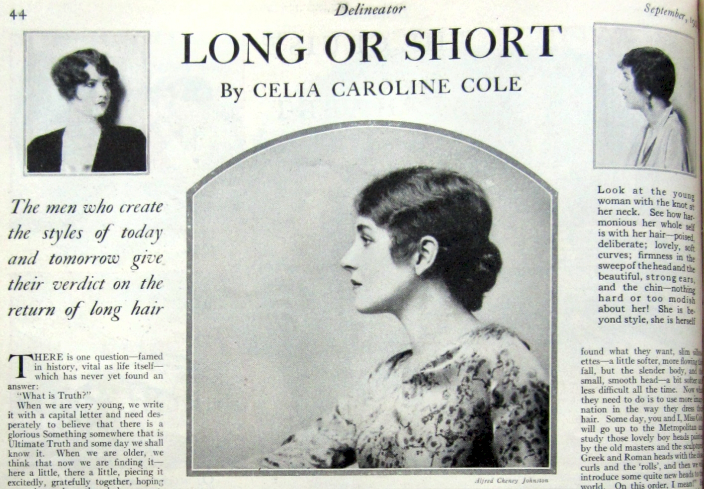 "The men who create the styles of today and tomorrow give theri verdict on the return of long hair." Delineator, September, 1928.