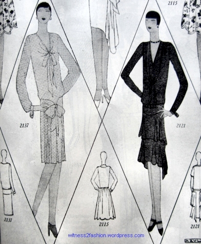 A straight hem (No. 2137) and a high in front, long in back hem (No. 2121) from Butterick, July 1928.