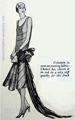 Velveteen evening frock from Chanel, illustrated in Delineator, Nov. 1928.