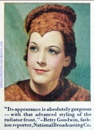 Fashion reporter endorsing a Dodge car. Ad, Woman's Home Companion, January 1936.