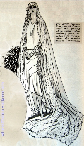 Worth wedding gown designed for Princess Francoise of France. Sketched in Delineator, June 1929.