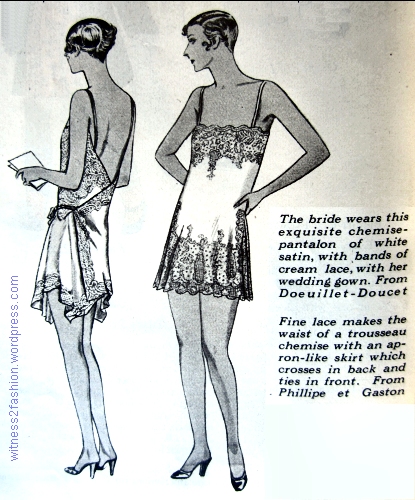 Combinations (a teddy) by Phillipe et Gaston, right, and a combination that ties in the back, by Doeuillet-Doucet. Sketched for Delineator, June 1929.