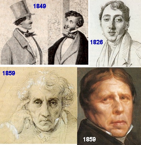 Shirt collars with a wide gap in front: a fashion plate, 1849, a sketch by Ingres, 1826, an older man, 1859, and Ingre's self portrait at age 79, 1859.
