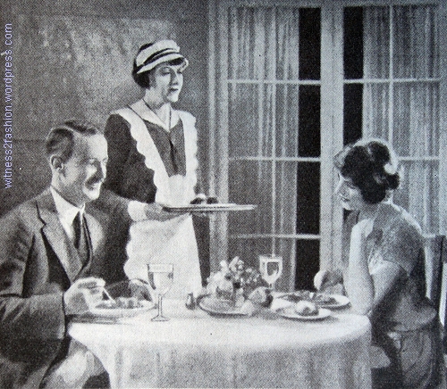Maid serving dinner to a husband and wife, Nov. 1924. Ad for laxatives. Delineator.