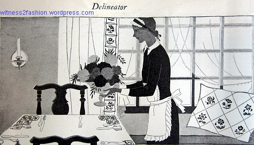 Butterick illustration for its embroidery page. Maid setting the table, Feb. 1929. Delineator.