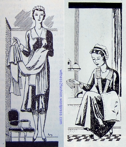 After the Crash: Illustrations for the article "Be Your Own Maid." November, 1931. The maid wears a print dress. Delineator.