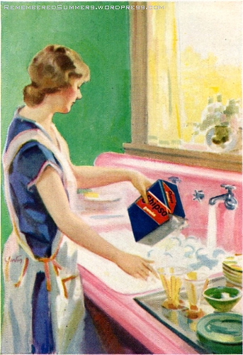Woman washing dishes with Chipso dish soap, Better Homes and Gardens, April 1930.