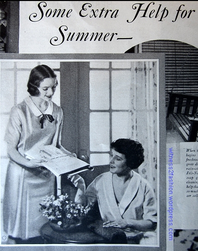 In 1929, this maid is wearing a light colored uniform -- and no apron or cap -- while discussing the laundry with her mistress. Fels Naptha Soap ad; Delineator, June 1929.