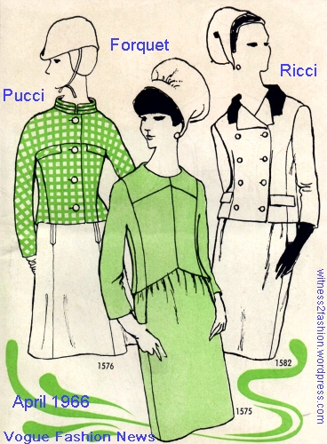 Vogue designer suit patterns from Pucci, Forquet, and Ricci. April 1966.