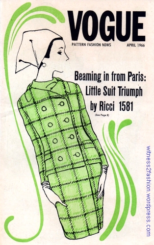 Vogue designer suit pattern by Nina Ricci, No. 1581. Vogue pattern flyer, April 1966.
