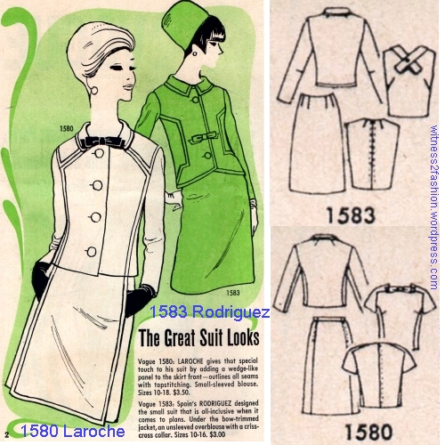 Vogue designer suits featured in April 1966. No. 1580, by Guy Laroche, and No. 1583, by Rodriguez.