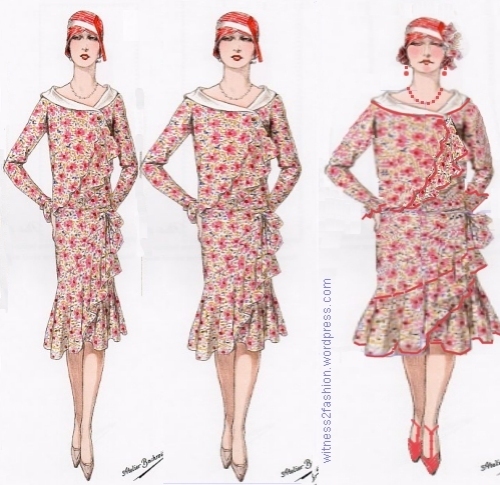 Three versions of a frilly chiffon dress/ Left, as drawn, center, on a more realistic figure, and right, as it might look on a character who overdoes everything.