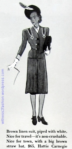 Hattie Carnegie suit and big straw beret hat, Vogue 1940.