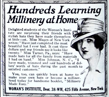 Ad for hat making course from Woman's Institute, Ladies Home Journal, September, 1917.