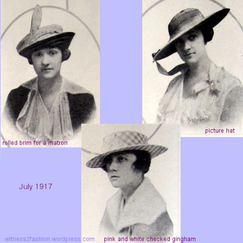 Hats to make, Ladies Home Journal, July 1917. A rolled brim hat for a married woman, a picture hat trimmed with little green apples, and a pink and white gingham covered hat.