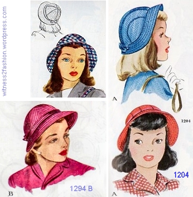McCall hat pattern #1294 for women, from 1946, and #1204, from 1945, for girls.
