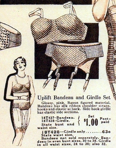 An uplift bra from the Sears catalog, Fall 1929, looks very much like a modern brassiere.