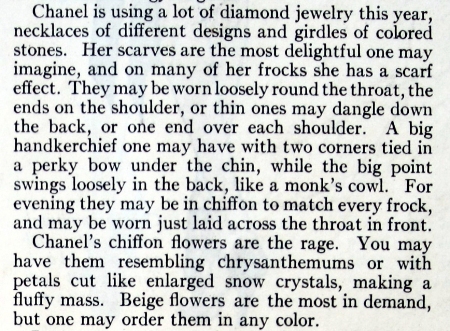 Chanel uses scarves and masses of fabric flowers; Delineator, Oct. 1927, p. 21.