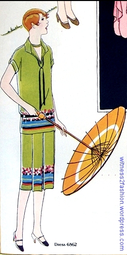 This 1926 two piece dress uses a border print fabric, although it could also be made in solids or prints. Butterick 6862 for Misses and Small women. Delineator, June 1926, p. 27.