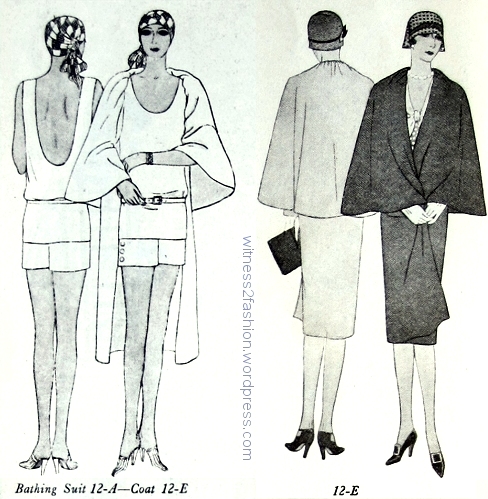 Forecast wardrobe patterns 12 A bathing suitand 12 E coat. Butterick, June 1928.