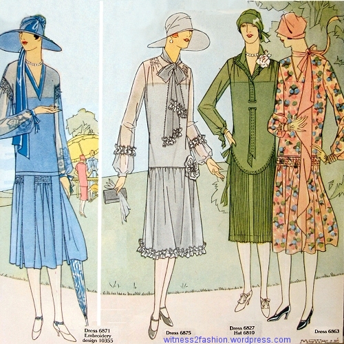 Afternoon dresses 6871, 6875, and 6863, and a green dress (Butterick 6827) with a long tie threaded through an opening in the bodice. Delineator, June 1926, bottom of page 29.