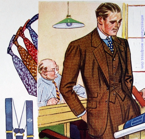 Two button suit with matching collared vest; worn with blue shirt, white collar, and a selection of ties. Autumn 1933.