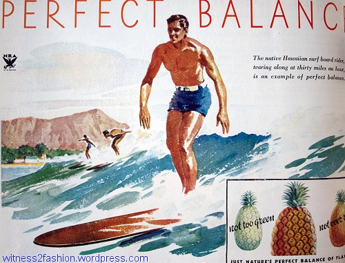 A surfer in a Dole Pineapple ad, May 1934. Delineator. 