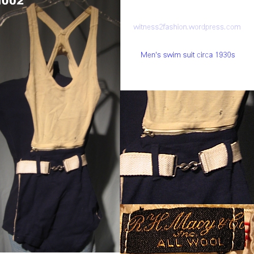 Man's swim suit from Macy's, circa 1930s, with slide closing detachable top. 