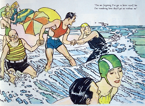 Men's bathing suits with tops, WHC February 1936 illustration.