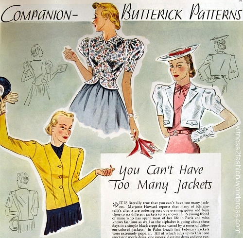 Companion-Butterick pattern 7459 for three jackets; Woman's Home Companion, July 1937.
