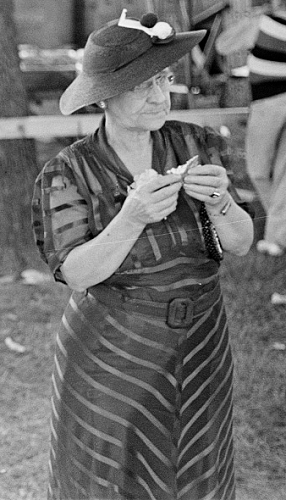 Older woman wearing a sheer, striped dress. Fourth of July, 1938, Ashville, Ohio. Library of Congress photo by Ben Shahn.