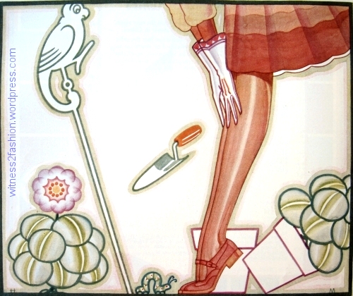 Graded colors in an ad for McCallum service hosiery, April 1927, Delineator. Notice the graded colors in the leaves (green), the flower (violet) and the dress (rusty-reds.)