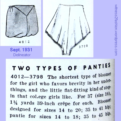 In 1931, the term "panties" was replacing "knickers" or "bloomers" in the U.S. Delineator, Sept. 1931.