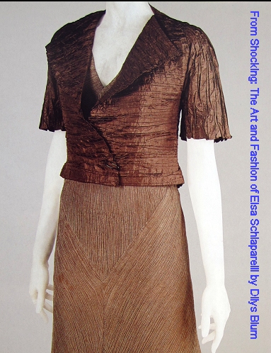 Elsa Schiaparelli began using matelasse and other textured crepe fabrics in the early 1930s.