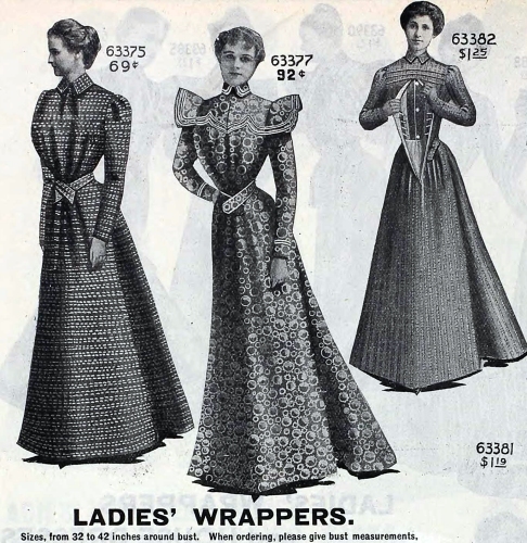 Wrappers from the Sears catalog, Spring 1900, show an inner bodice lining for support while not wearing a corset.
