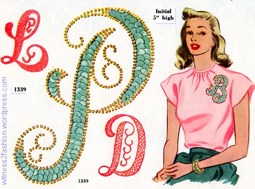 McCall transfer pattern 1339 supplied 5 inch high initials to work in sequins or embroidery thread.