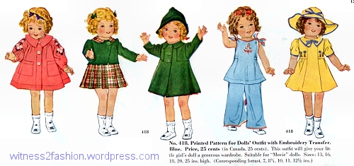 Although the face looks like a Shirley Temple Doll, this pattern said it was a for a "Movie doll." McCall pattern 418, from a 1946 catalog.