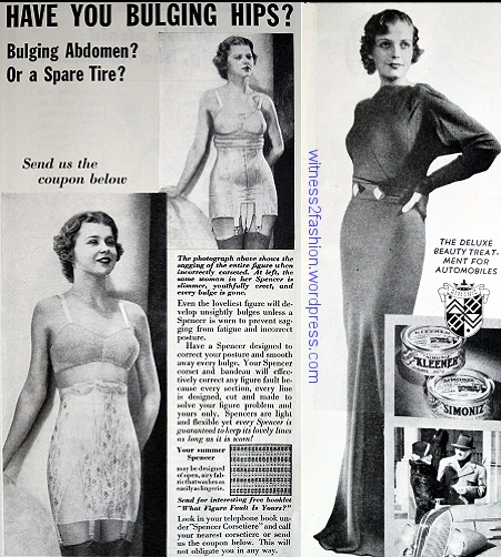 This Spencer corset ad emphasized hip control. January, 1936. The sleek model in this ad for Simonize car polish shows why women were worried about their hip size.