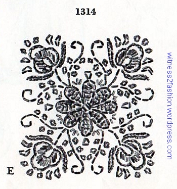 A square beading pattern like this would be subtle in black beads on a black suit jacket. Variations could be used on the neckline of a wool dress or the collar of a suit jacket. McCall 1314. 
