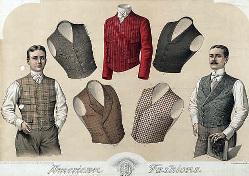 Men's vests 1896 to 1899. The red one reminds us that vests (aka weskits) sometimes had sleeves. 